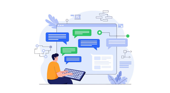 Online Communication Concept: Person Chatting on Digital Platform with Speech Bubbles