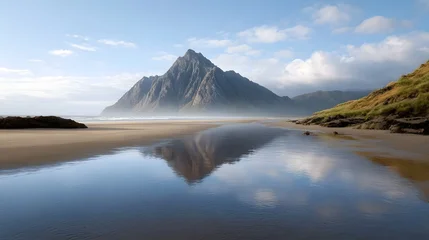 Fototapete Reflection Majestic mountain range reflected in the calm coastal waters against a dramatic partly cloudy sky  © Thares2020