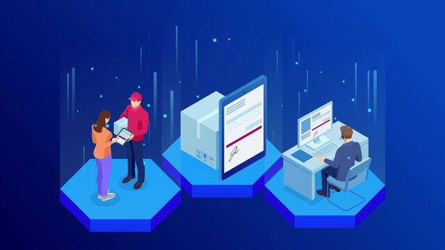 Logistics and Delivery concept. Delivery home and office. City logistics. Delivery service app with map background. Isometric style. HD Video.