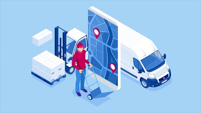 Logistics and Delivery concept. Delivery home and office. City logistics. Delivery service app with map background. Isometric style. HD Video.