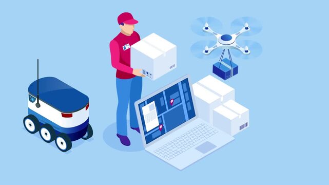Logistics and Delivery concept. Delivery home and office. City logistics. Warehouse, truck, forklift, courier, drone and delivery man. HD Video.