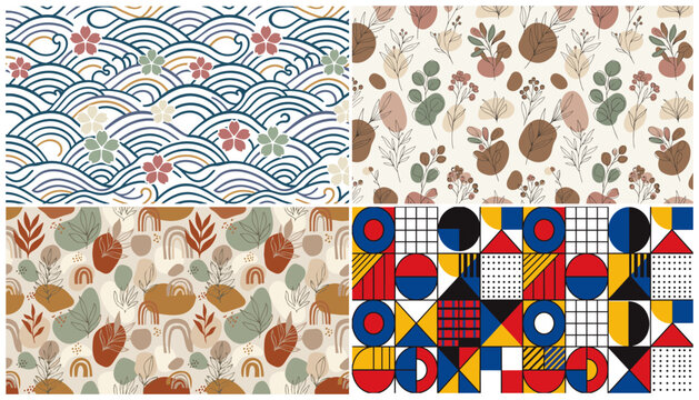 Decorative pattern set: floral, abstract, geometric and Japanese wave motifs for modern design and creative projects