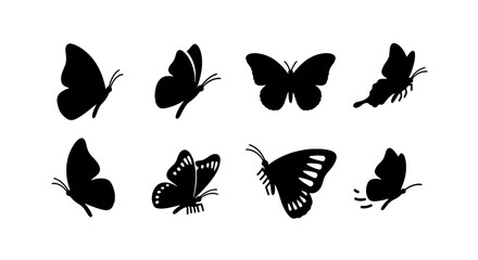 Elegant Black Butterfly Silhouettes, Set of 8 Vector Icons for Nature and Spring Designs, Delicate Insect Graphics © Abir