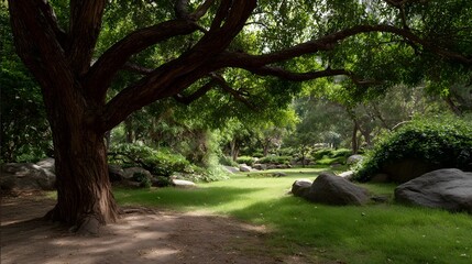 Fototapeta premium A massive tree anchors a peaceful shaded pathway through lush green undergrowth in a natural woodland park setting