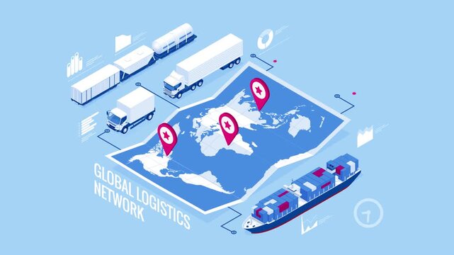 Global logistics network isometric illustration Icons set of air cargo trucking rail transportation maritime shipping On-time delivery Vehicles designed to carry large numbers of cargo HD Video.