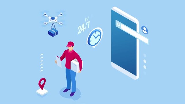 Logistics and Delivery concept. Delivery home and office. City logistics. Warehouse, truck, forklift, courier, drone and delivery man. HD Video.