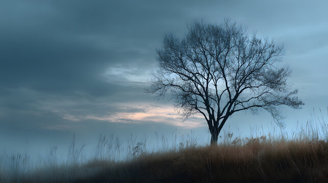 Minimal winter scene with leafless tree silhouette and soft sky 