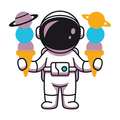 Astronaut holding colorful ice cream cones with planets © GraphixaLab