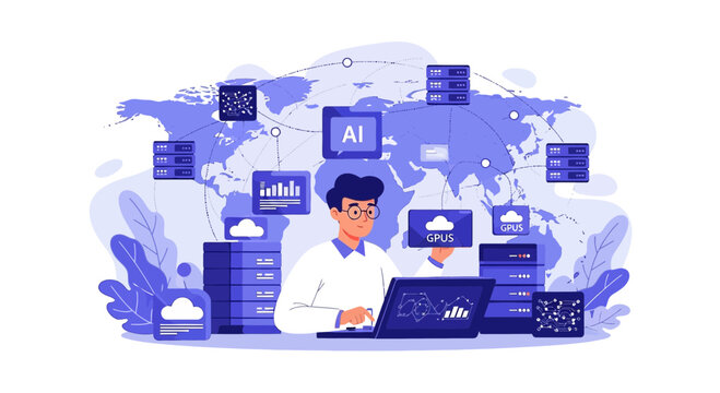 Man working on AI-powered cloud computing network, global data center concept