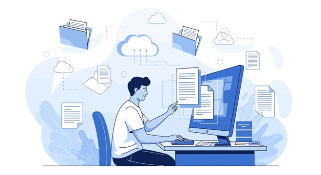 Man working on computer with cloud data, documents, files and folders.