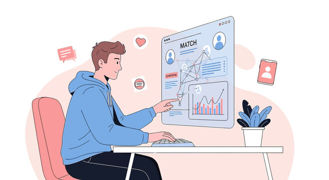 Man working on computer with matchmaking interface on screen, online dating concept