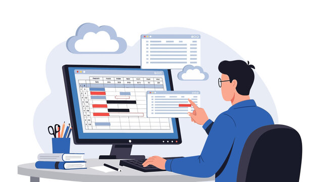 Man Working on Computer with Spreadsheets and Cloud Files
