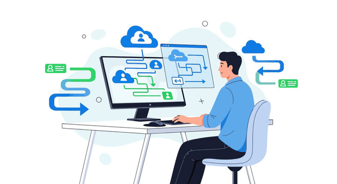 Man working on computer, cloud computing diagram, workflow illustration, digital transformation