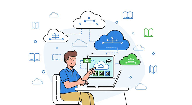 Man using cloud technology for education and online learning