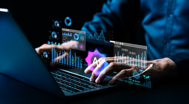 Businessman using AI technology for enterprise resource planning, finance and accounting management, business data analysis and digital ERP system concept.