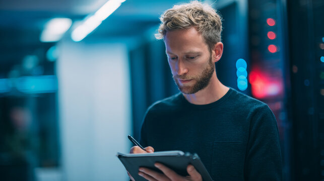 Young man working on digital tablet