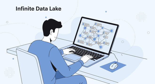 Man working on laptop with data lake visualization, AI network concept