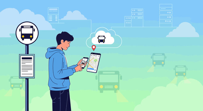 Man using mobile app for smart bus transportation at bus station