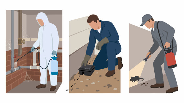 Set of professional pest control workers performing extermination tasks.