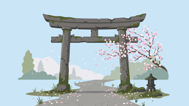 Traditional stone torii gate with blooming cherry blossom tree in spring.