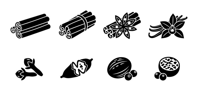 Spice Icons Collection: Cinnamon, Star Anise, Vanilla, Cloves, Cardamom, Nutmeg, Peppercorns Vector Set for Culinary and Aromatic Designs