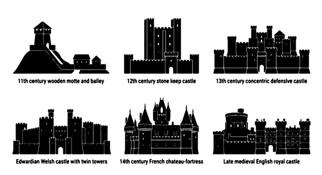 Medieval Castle Silhouettes: 15th Century Wooden Motte and Bailey, 12th Century Stone Keep, Concentric Defensive Fortress, Edwardian Welsh, French Chateau, English Royal Castle Illustrations