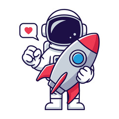 Obraz premium Cute Astronaut Holding A Rocket Ship Mascot Character With A Love Heart Speech Bubble Icon