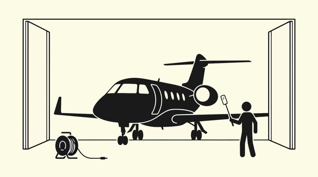 A technician using a marshalling wand to guide a private business jet inside a hangar.