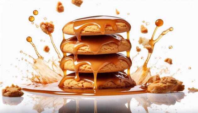stacked caramel cookies stack of cookies dripping with caramel sauce surrounded by splashes and crumbs isolated cutout on transparent or white background
