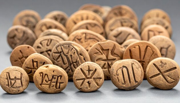 A detailed closeup of a collection of small, ancient clay bullae, each uniquely impressed with proto-cuneiform script and symbols.