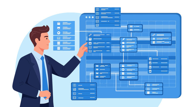 Man pointing at digital flowchart, business analytics, data visualization, workflow management