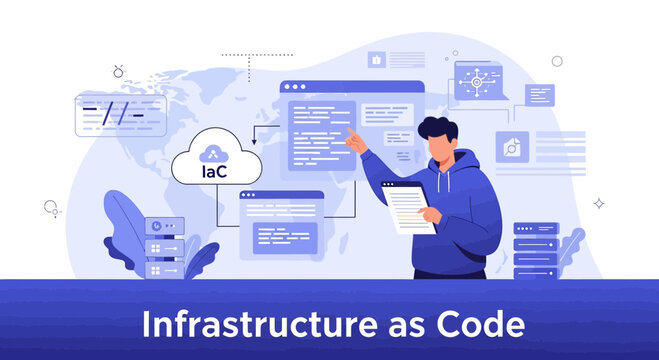 Man points to cloud network, Infrastructure as Code, DevOps, coding concept