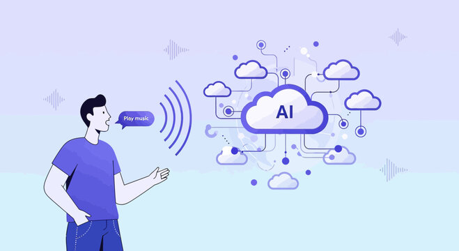 Man using voice command for AI cloud computing network connection, digital vector