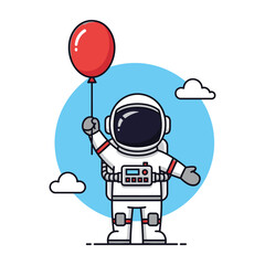 Obraz premium Cute Astronaut Holding A Red Balloon Floating In The Sky With Clouds In A Minimalist Flat Style