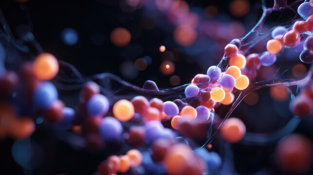 Vibrant abstract cellular network with glowing spheres and interconnected filaments, representing biological innovation.