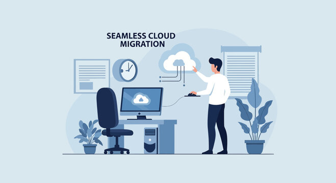 Man with Computer and Cloud Icon for Seamless Cloud Migration Concept