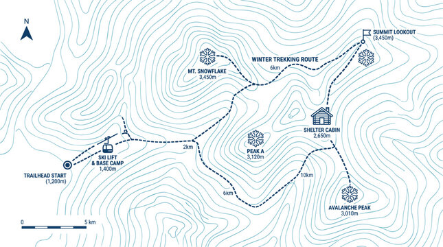Blue Monochrome Winter Trekking Route Topographic Map with Ski Lift, Mountain Peaks, Shelter Cabin, and Summit Lookout for Adventure and Travel Designs