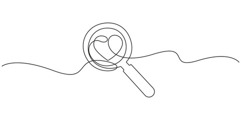 Obraz premium Magnifying glass with heart continuous line drawing for love search concepts. Minimalist one line art of a magnifying glass finding a heart for dating or health apps.
