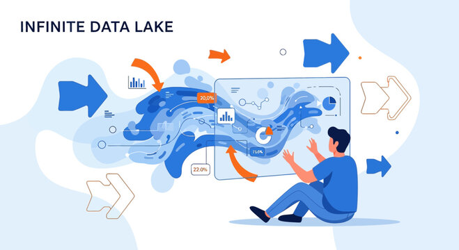 Man Interacting with Infinite Data Lake and Analytics Dashboard