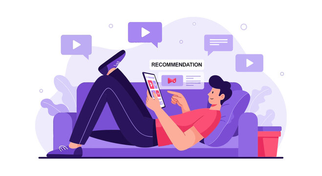 Man relaxing on sofa, browsing recommendations on digital device