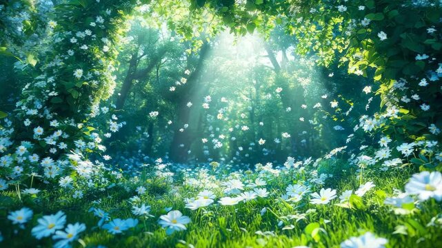 Enchanting woodland scene bathed in ethereal sunbeams, with carpet of delicate white blossoms and verdant foliage creating natural, dreamlike entryway into hidden natural sanctuary.