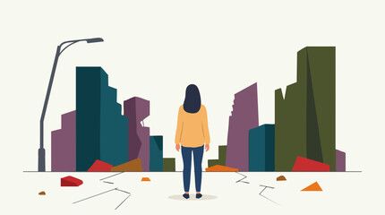 Woman stands before a destroyed city, symbolizing loss and recovery © Artify
