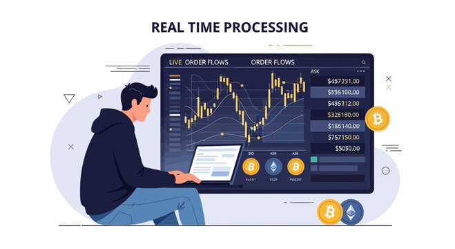 Man Trading Cryptocurrency on Laptop with Real-Time Processing