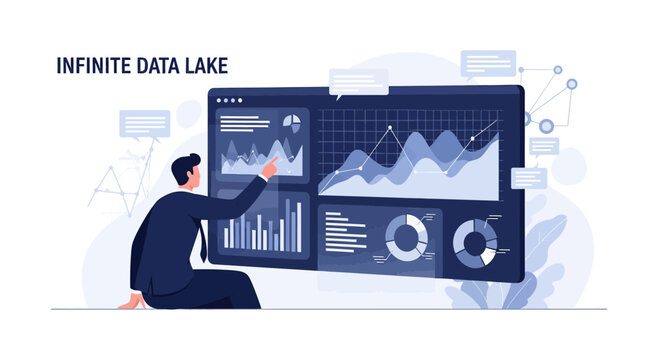 Man interacts with complex data visualization on large screen, data lake concept