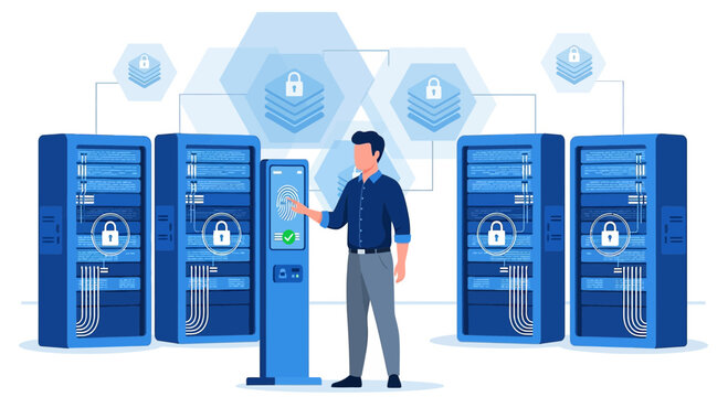 Man interacts with secure server rack and fingerprint scanner in data center