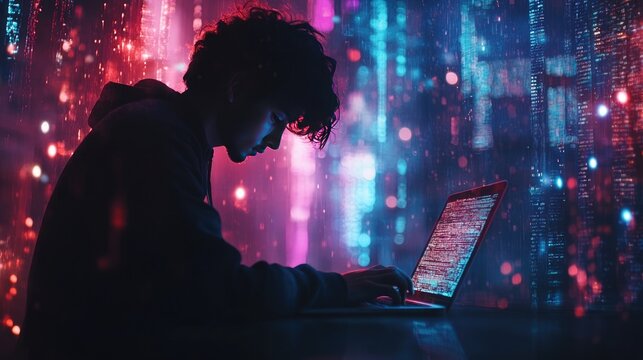 Digital software technology, mobile app development concept: Computer programmer, software developer coding on laptop computer with javascript and binary code.