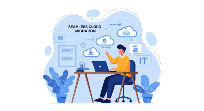 Man migrating data to cloud, IT professional working on laptop at desk