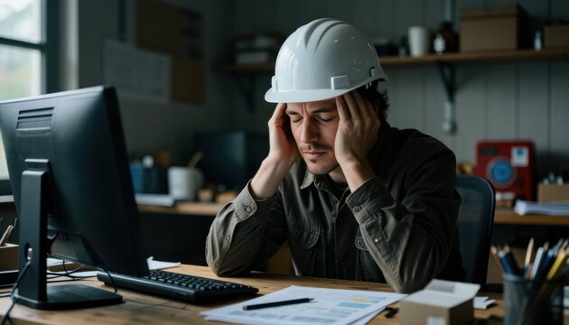 Struggling engineer overwhelmed by workload in office business environment stress management