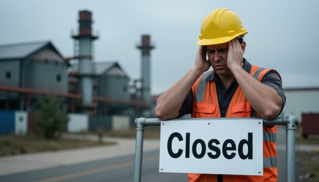 Worker facing job loss due to factory closure industrial site emotional response urban environment close-up view economic impact