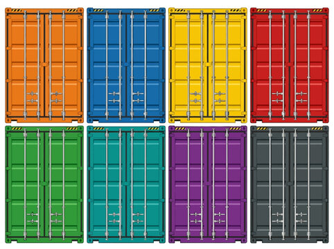 Eight colorful shipping containers, four on top and four below, neatly arranged in two rows against a white background